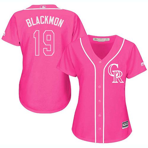 Rockies #19 Charlie Blackmon Pink Fashion Women's Stitched MLB Jersey - Click Image to Close